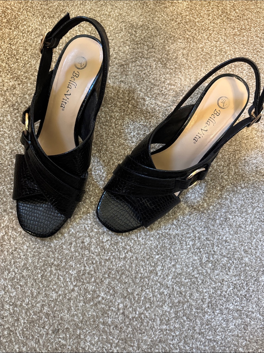 Bella Vita Black Croc-Texture Slingback Heels